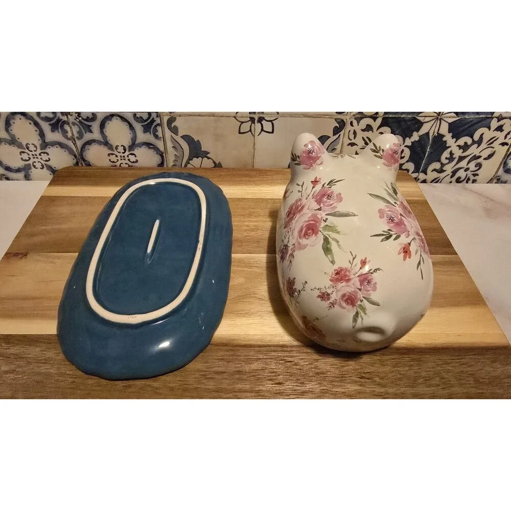 Ceramic Pig Floral Covered Butter Dish Set w/ Lid & Dish 8 in